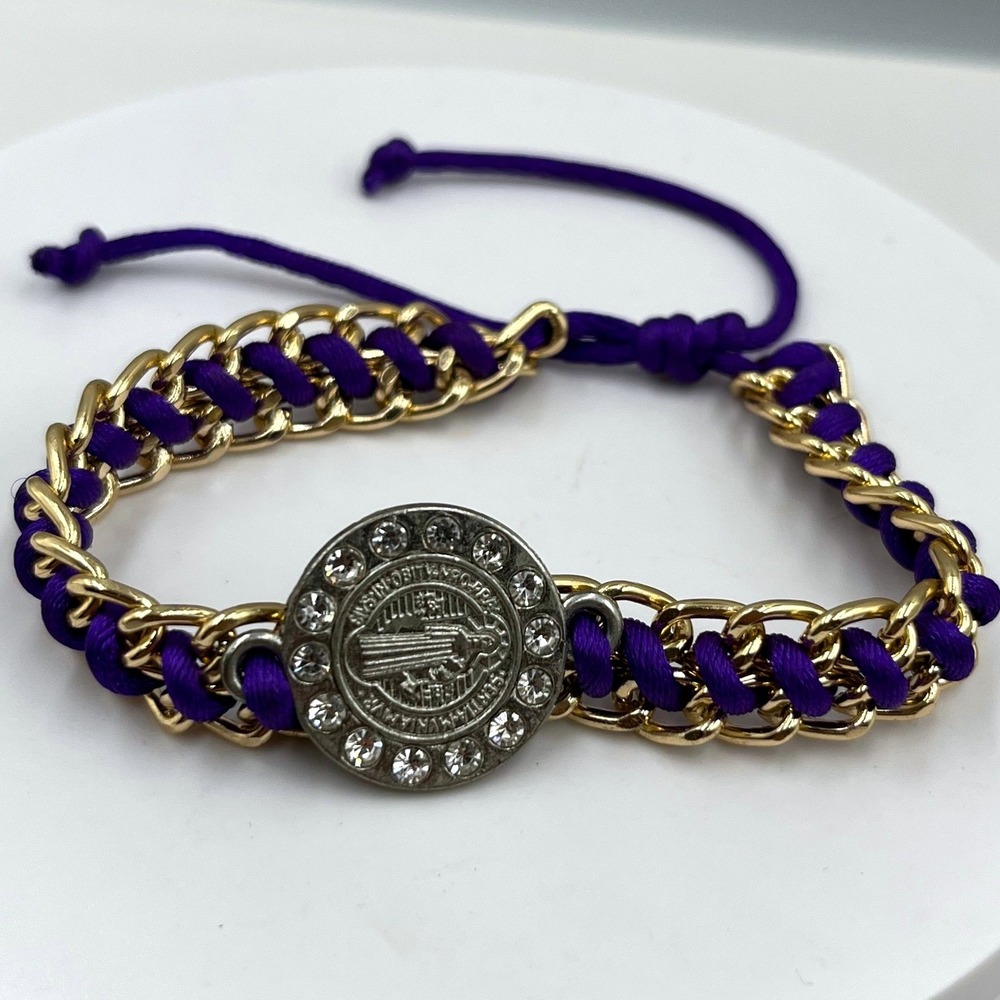 Vintage Purple Cord &‎ Gold Tone Chain Saint Benedict Religious Medal Bracelet